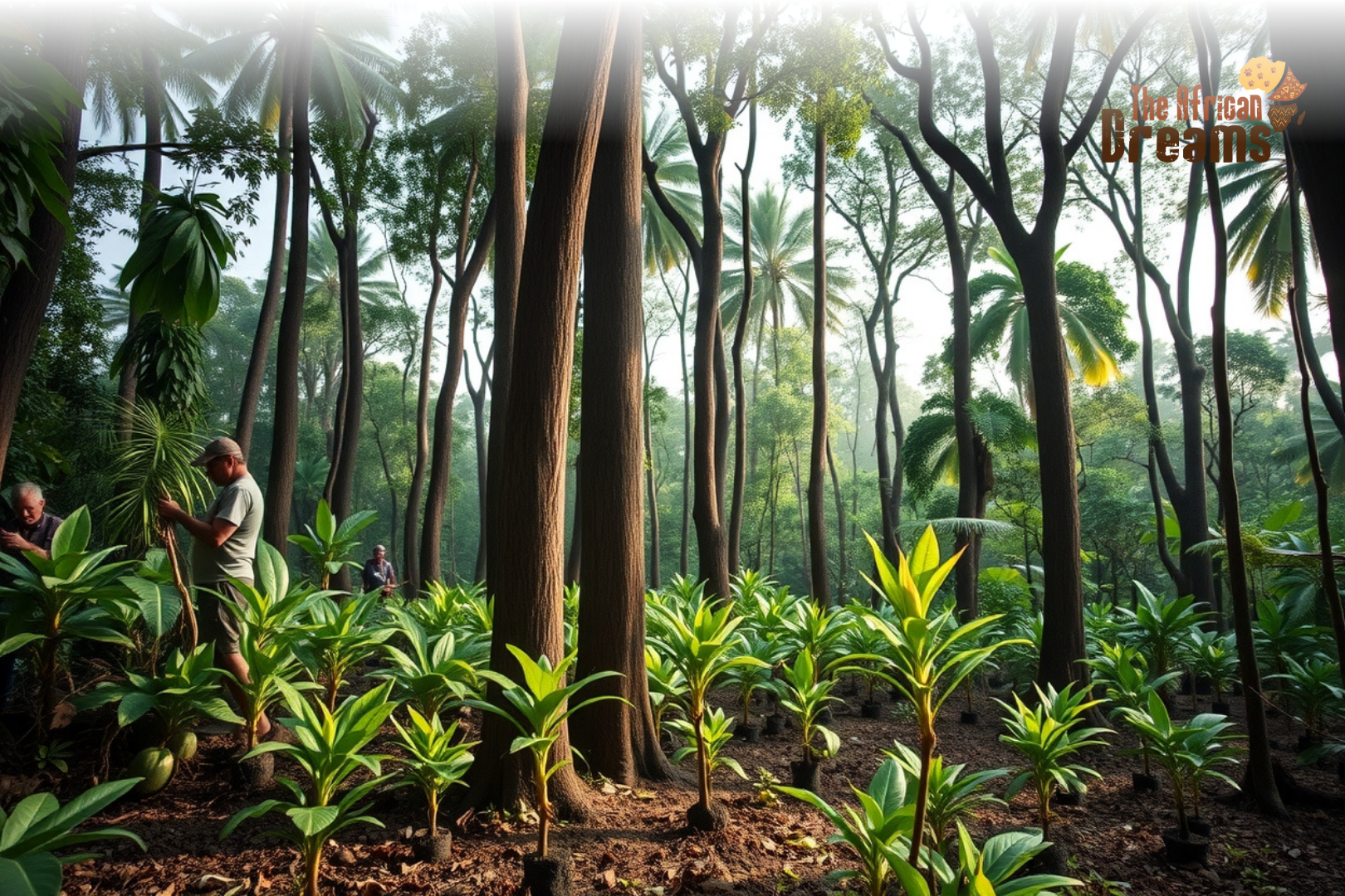 congo-sustainable-ebony-agroforestry. Community-led agroforestry in the Congo Basin showing local farmers planting ebony saplings in a lush rainforest as part of sustainable timber conservation efforts.