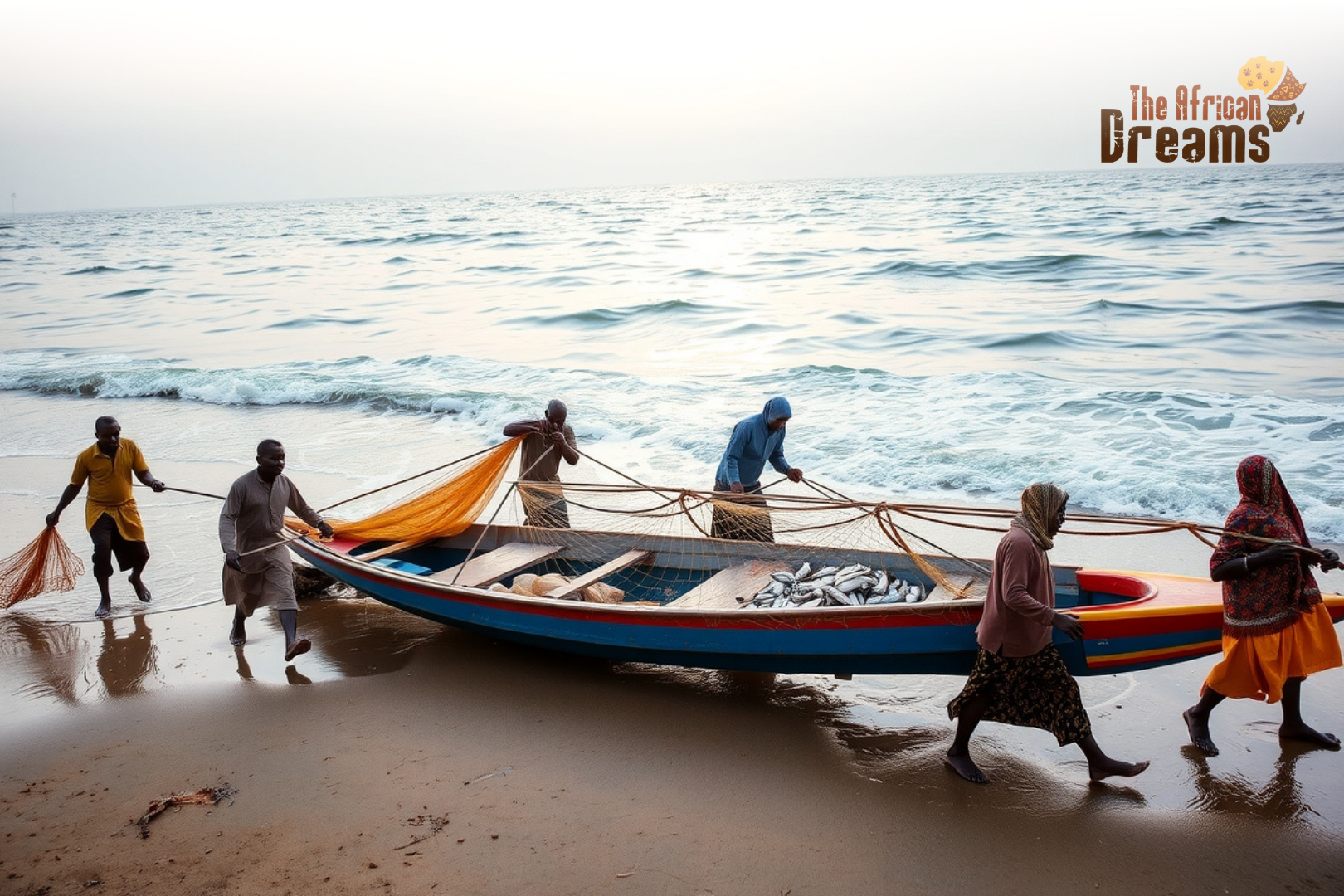 fishing_industry_senegal_realistic Artisanal fishermen in Senegal unloading fish from traditional wooden boats along the Atlantic coast.