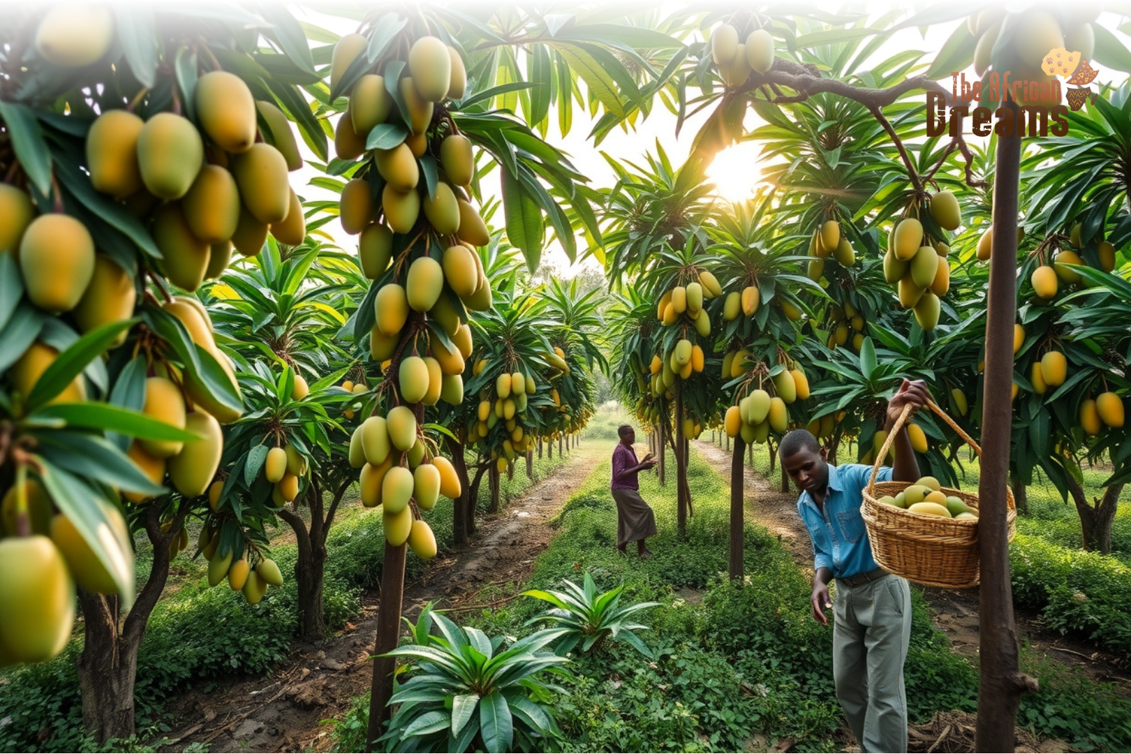 Mango farming in The Gambia showing healthy trees and traditional harvesting practices.