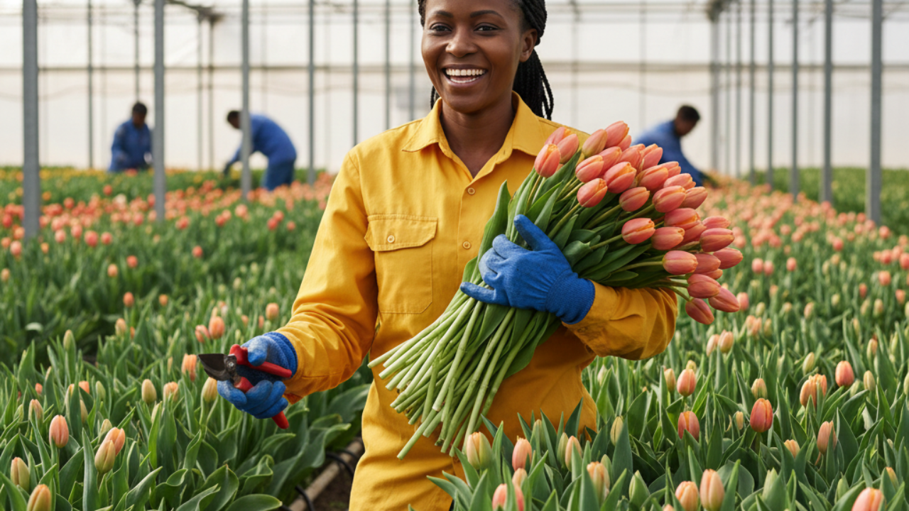 grabing tulip flowers