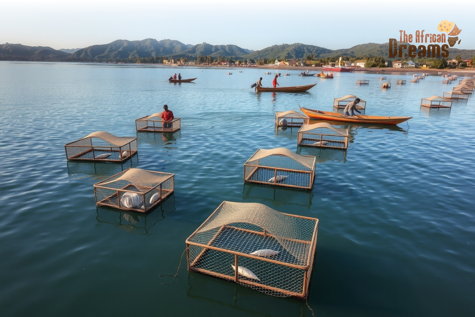 Fish farmers working on cage aquaculture in Lake Malawi, highlighting sustainable fisheries and investment opportunities.