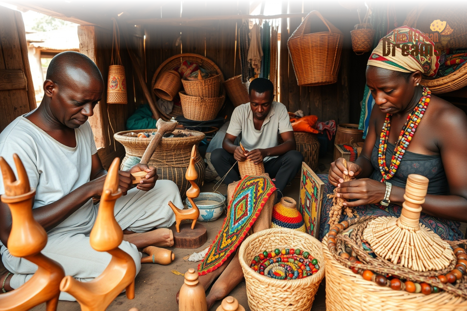 Malawian artisans creating traditional handicrafts including wood carvings, baskets, and handmade jewelry.