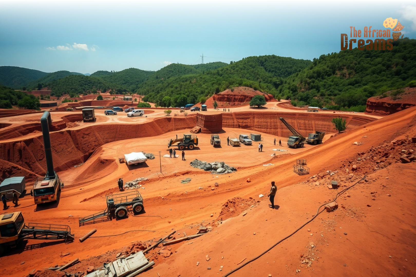 Mining site in Malawi showing natural mineral extraction surrounded by green hills and rural landscape.