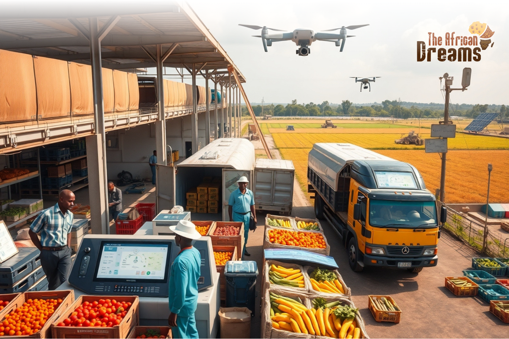 mozambique-agri-logistics-tech A realistic image of a modern agri-logistics setup in Mozambique with smart warehousing, autonomous vehicles, drones, and digital monitoring systems.