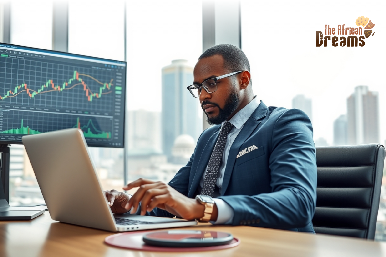 Investor analyzing Nigerian stock market charts on a digital trading platform with Lagos skyline in the background, representing short-term investment opportunities in Nigeria.