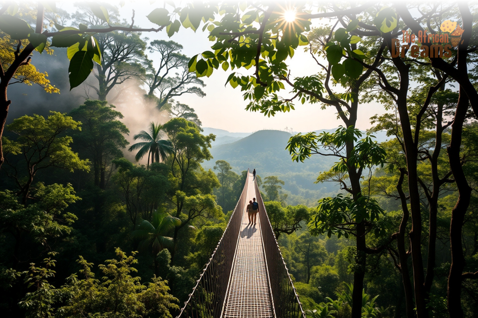 Nyungwe Forest National Park canopy walkway above dense rainforest with mist, greenery, and visitors experiencing nature in Rwanda.
