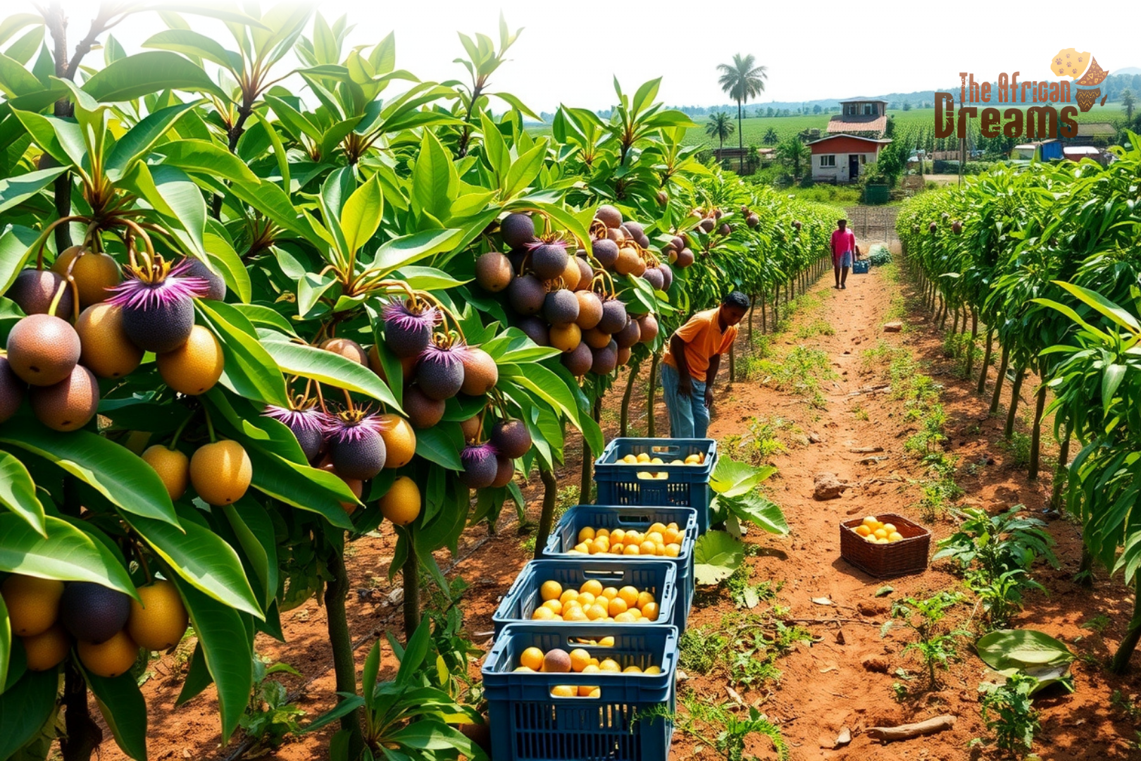 passion-fruit-farming-congo-export Passion fruit farming in Congo with farmers harvesting ripe purple and yellow passion fruits for export markets.