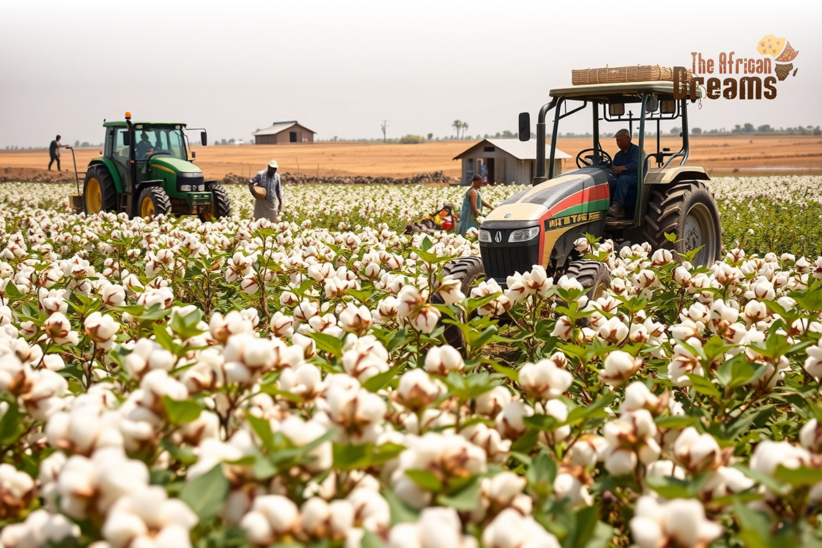 Farmers in rural Senegal harvesting cotton in modernized fields with tractors and irrigation systems.
