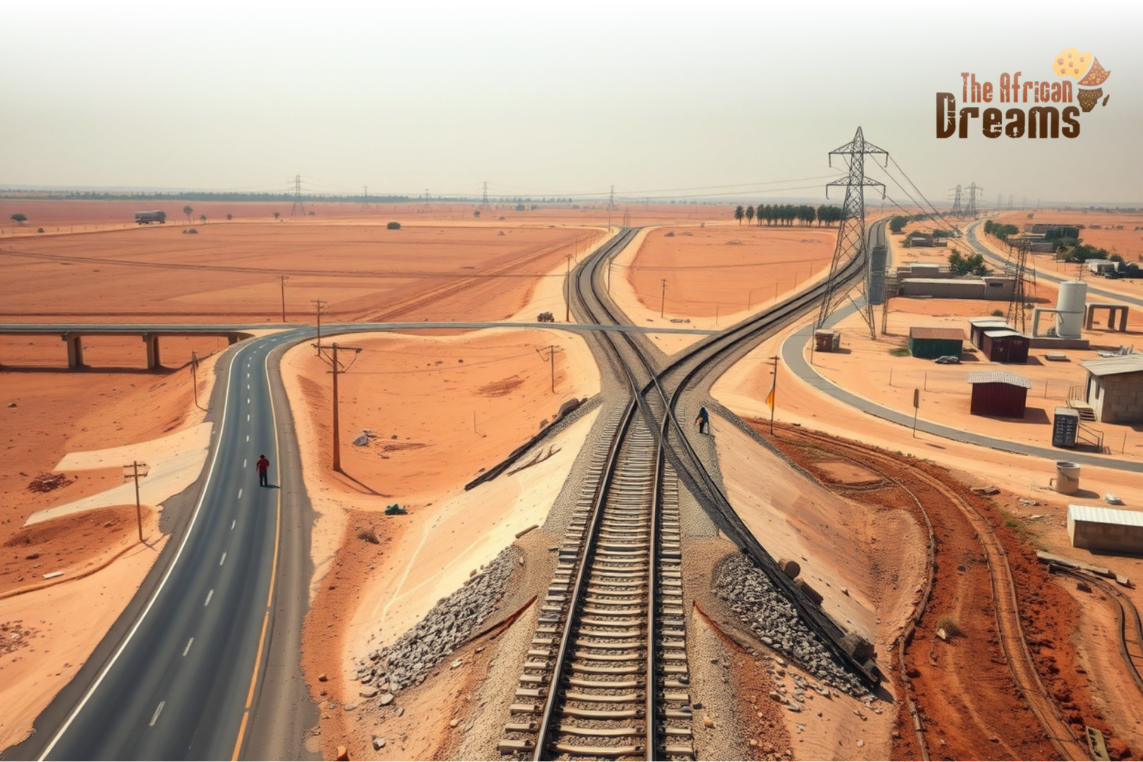 sudan_infrastructure_revival_realistic_scene Workers restoring roads, railway, and power lines in a rural Sudanese landscape