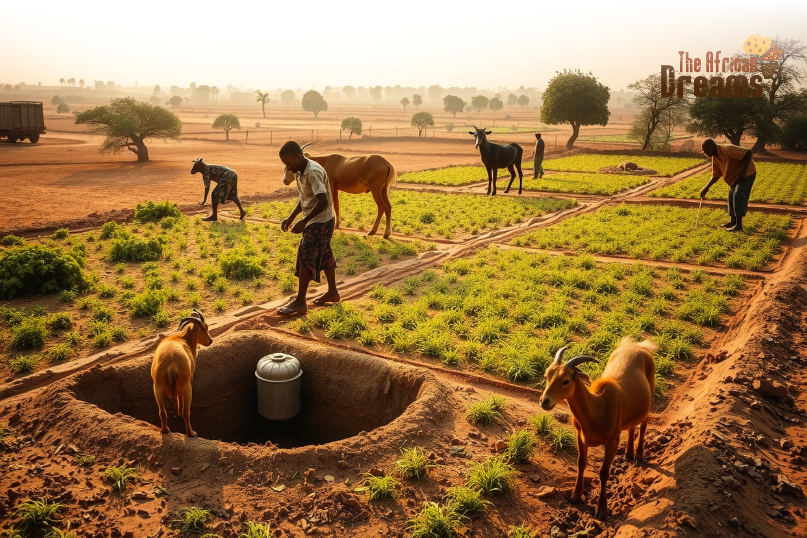 sudan_sustainable_farming_malakal_realistic Sudanese farmers in Malakal practicing sustainable agriculture with agroforestry, water harvesting, and livestock integrated into crop fields.