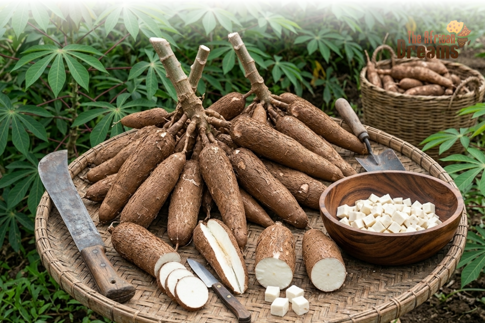 uganda-cassava-value-chain-realistic Pile of freshly harvested yams on a woven tray with a knife and chopping board ready for cutting; bowl of cubed yams nearby; logo reads The African Dreams in the top right corner.