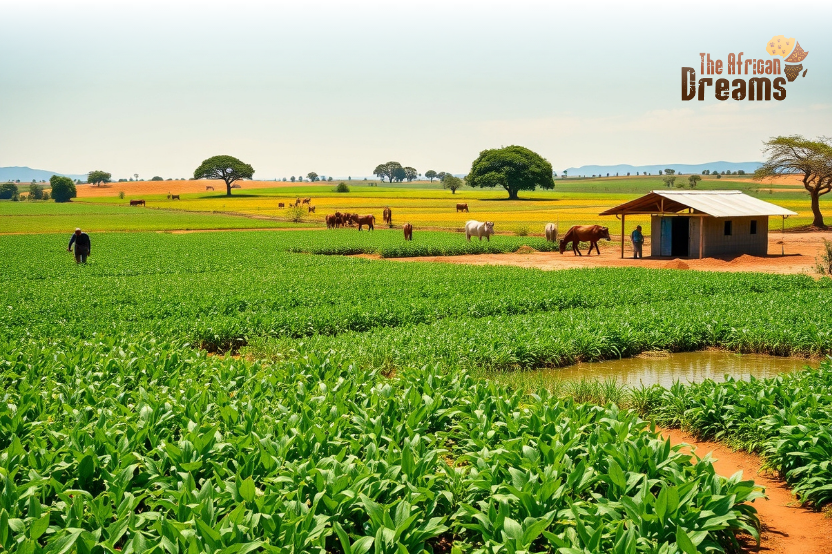 zimbabwe-agriculture-opportunities A realistic scene of Zimbabwean farmland with crops, livestock, aquaculture ponds, and small farmers working under bright natural light