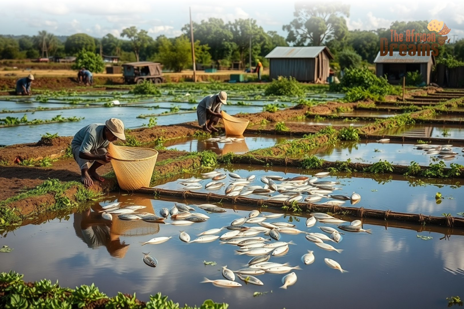 zimbabwe-fisheries-aquaculture-investment Fish farmers in Zimbabwe harvesting tilapia from freshwater ponds as part of sustainable fisheries and aquaculture development.