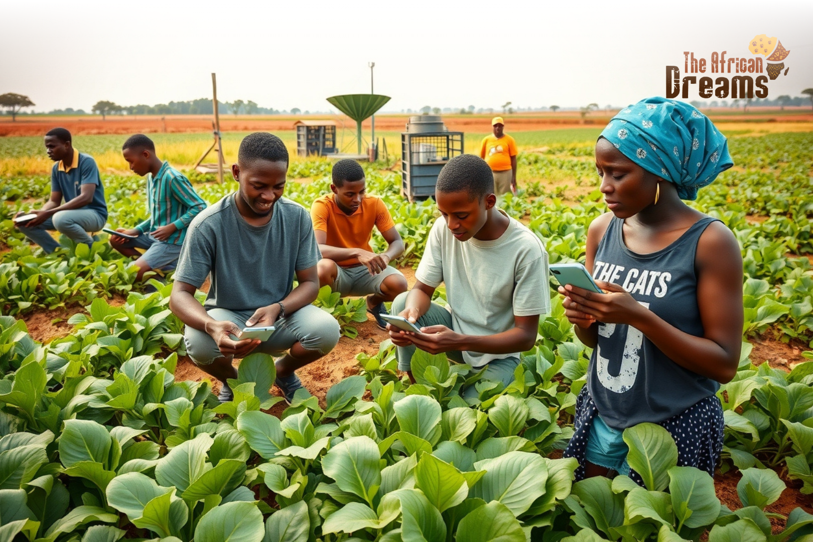 Young farmers in Zimbabwe using modern farming methods and technology in a rural agricultural setting.