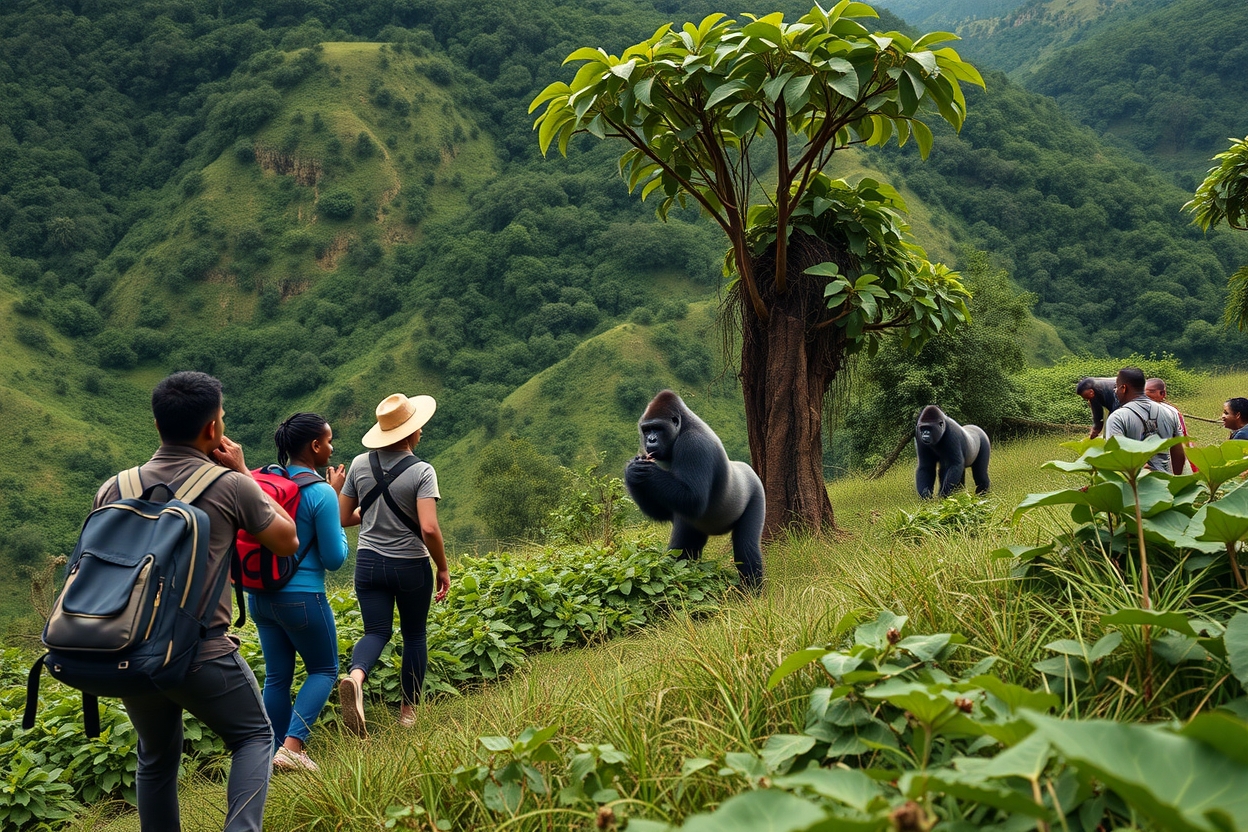 A-guided-group-treks-through-Rwandas-lush-hills-for-an-unforgettable-encounter-with-endangered-mountain-gorillas