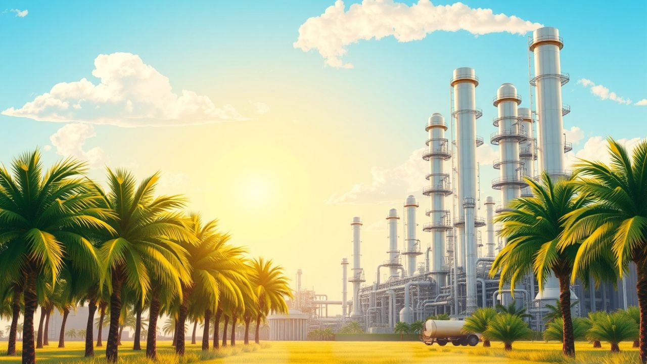 An illustration of a palm tree plantation and a refinery, i.e., investment opportunities