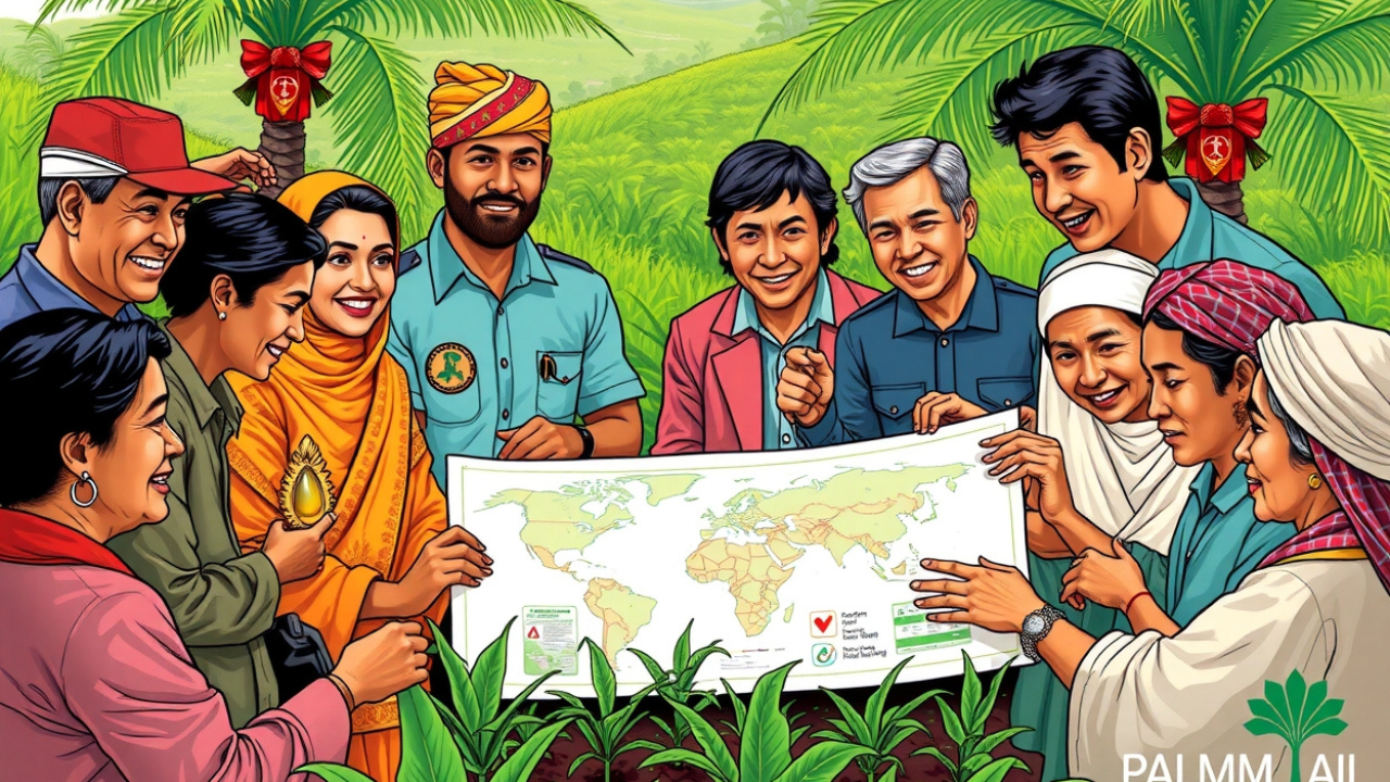 An illustration of farmers and investors of palm oil production focusing on sustainability and community development.