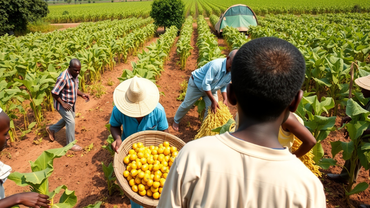 An illustration of farmers in Nigeria harvesting soybeans from the field