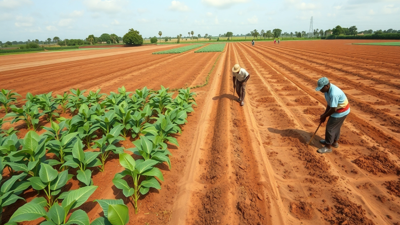 An illustration of farmers in Nigeria preparing land for soybean farming