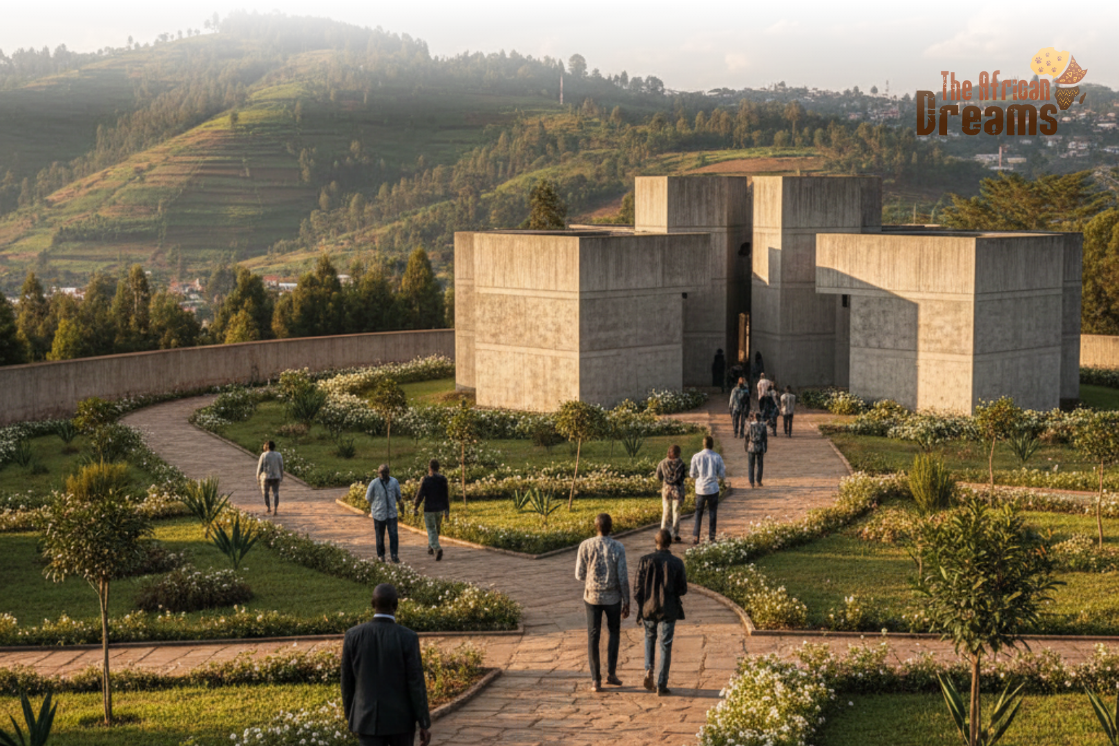 A realistic wide angle scene of the Kigali Genocide Memorial in Rwanda, showing peaceful memorial gardens, stone pathways, and visitors walking quietly in reflection. The scene includes modern memorial architecture, green hills of Kigali in the background, soft natural sunlight, and a calm respectful atmosphere. The image should feel emotional yet hopeful, focused on remembrance and healing. Ultra realistic, cinematic lighting, high detail, 8k quality, no text, no logos, no watermarks.