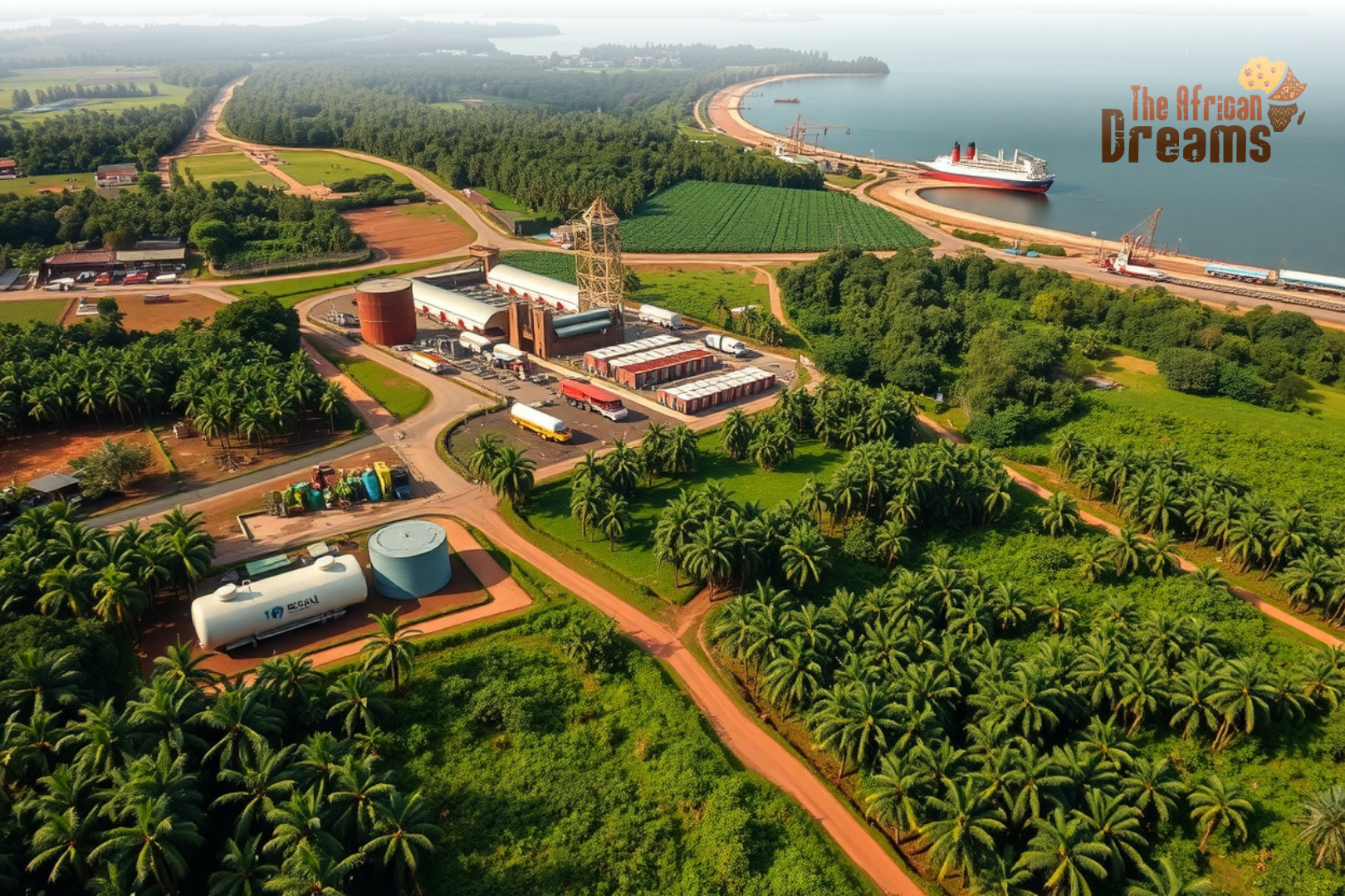 Realistic view of palm oil production across farms, processing, and trade in Sierra Leone