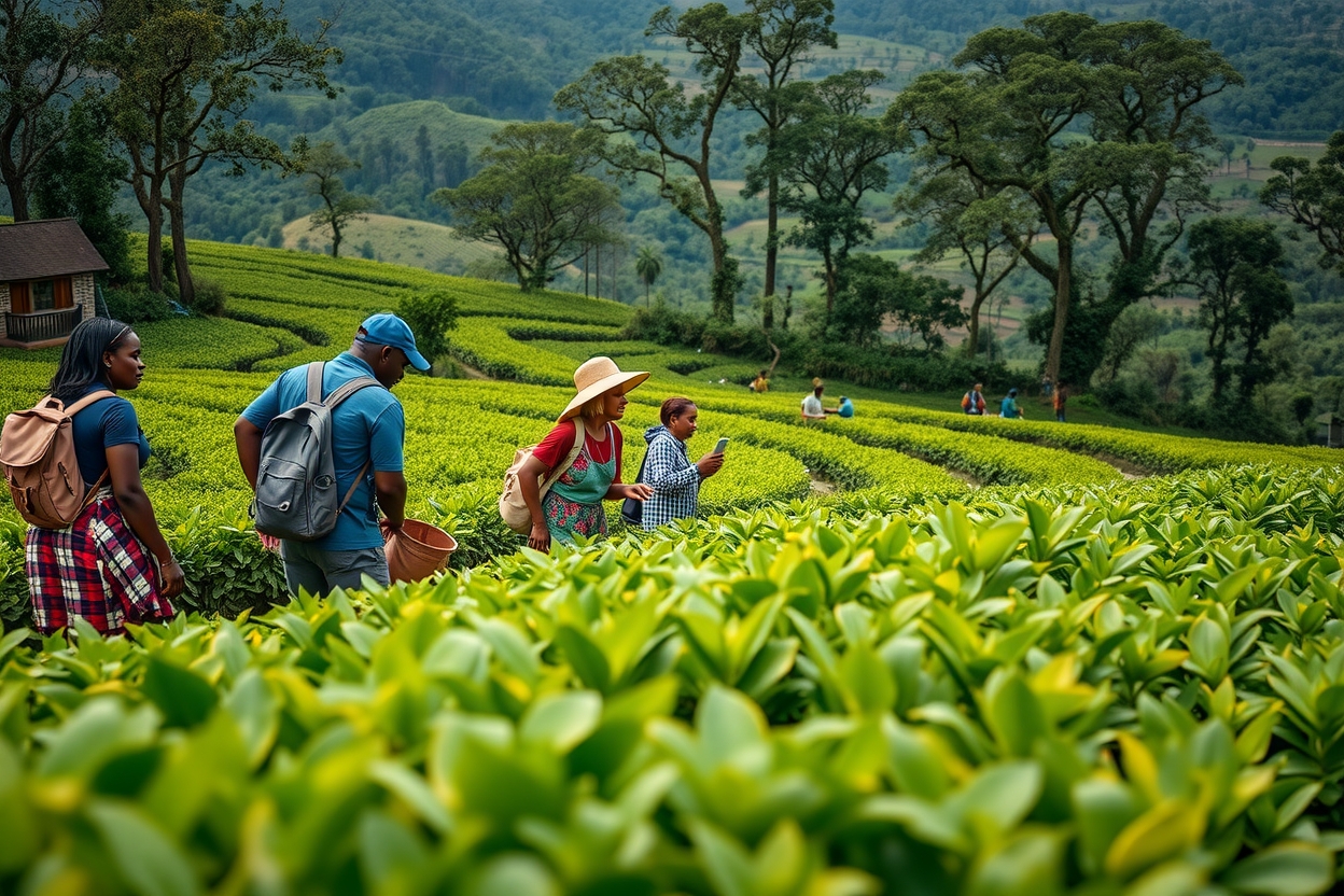 The-image-showcases-visitors-engaging-with-local-tea-pickers-in-Rwandas-scenic-tea-fields