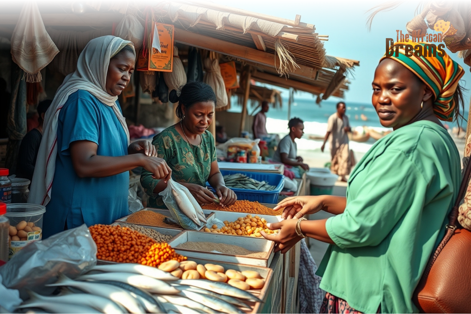 Comorian women entrepreneurs selling fish and local products in a coastal market, representing women-led businesses and economic growth in Comoros.