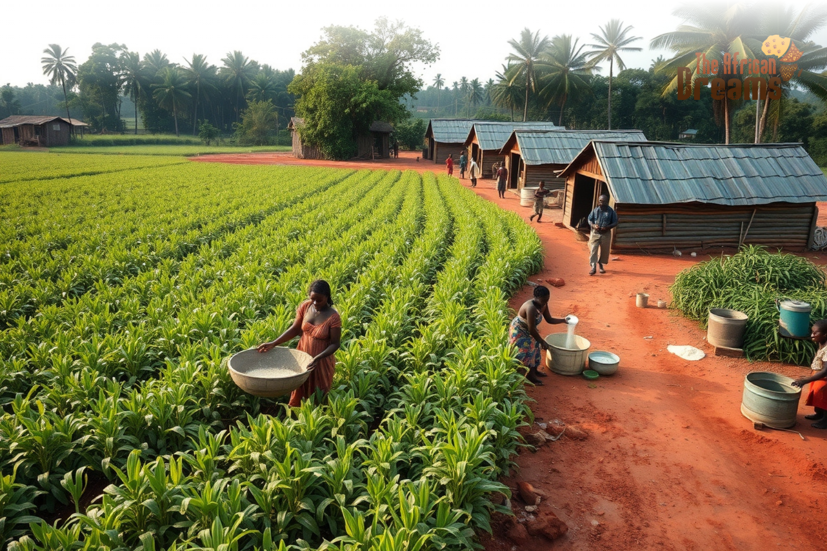 cassava-agro-processing-drc-rural-farmers Women and farmers harvesting and processing cassava in a rural village in the Democratic Republic of the Congo with small-scale agro-processing equipment.