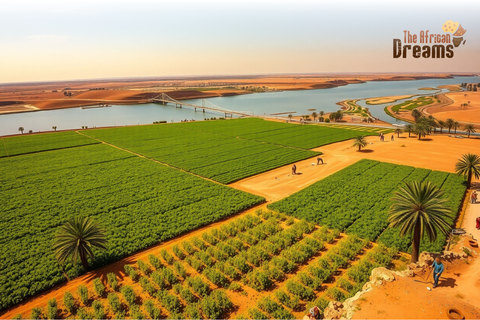 Egyptian farmers cultivating green agricultural fields along the Nile River using modern irrigation systems, showing the balance between traditional farming and modern agricultural technology in Egypt.