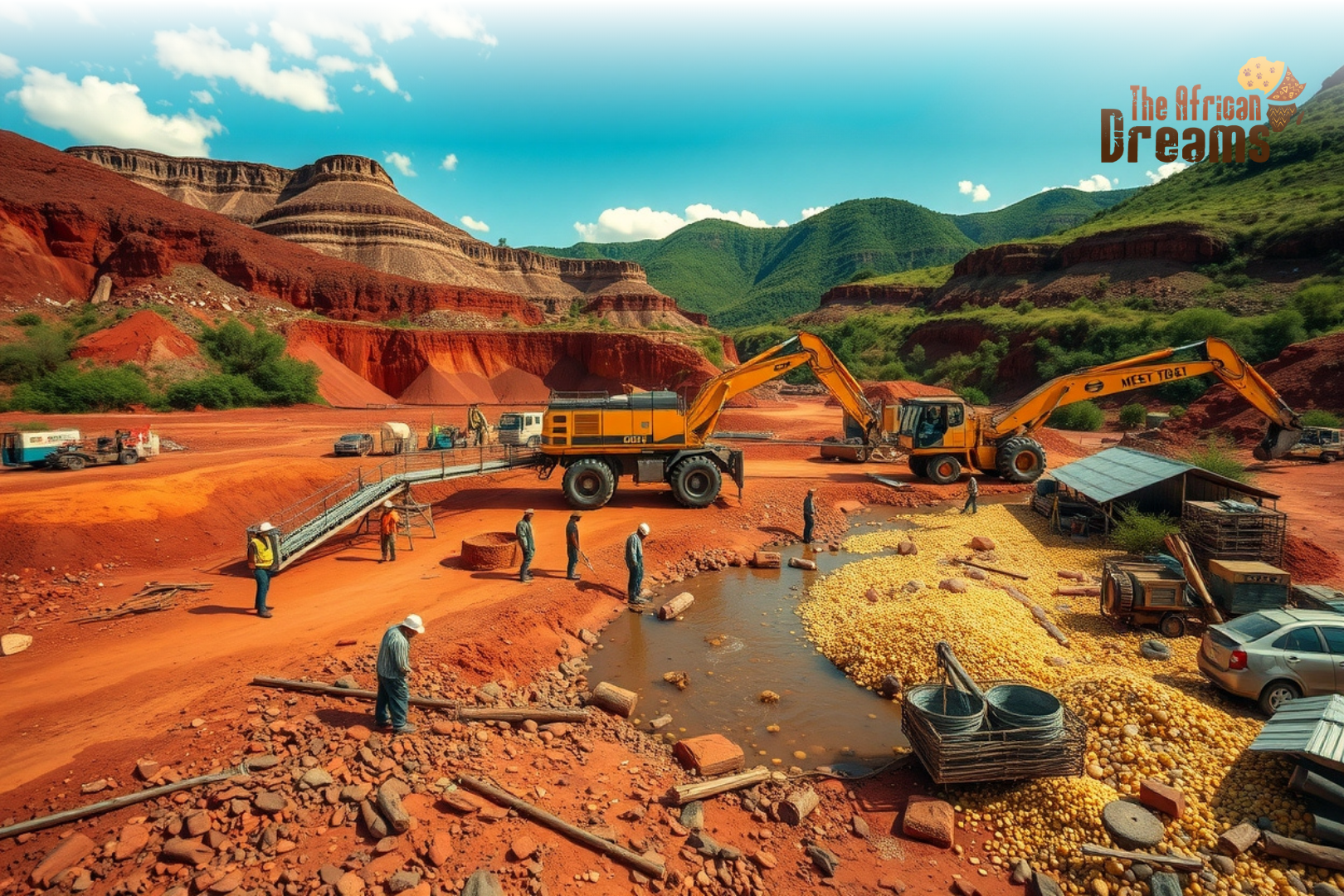 Modern and artisanal gold mining taking place side by side in Ethiopia’s highlands, showing workers, heavy machinery, and river gold panning under a bright African sky.