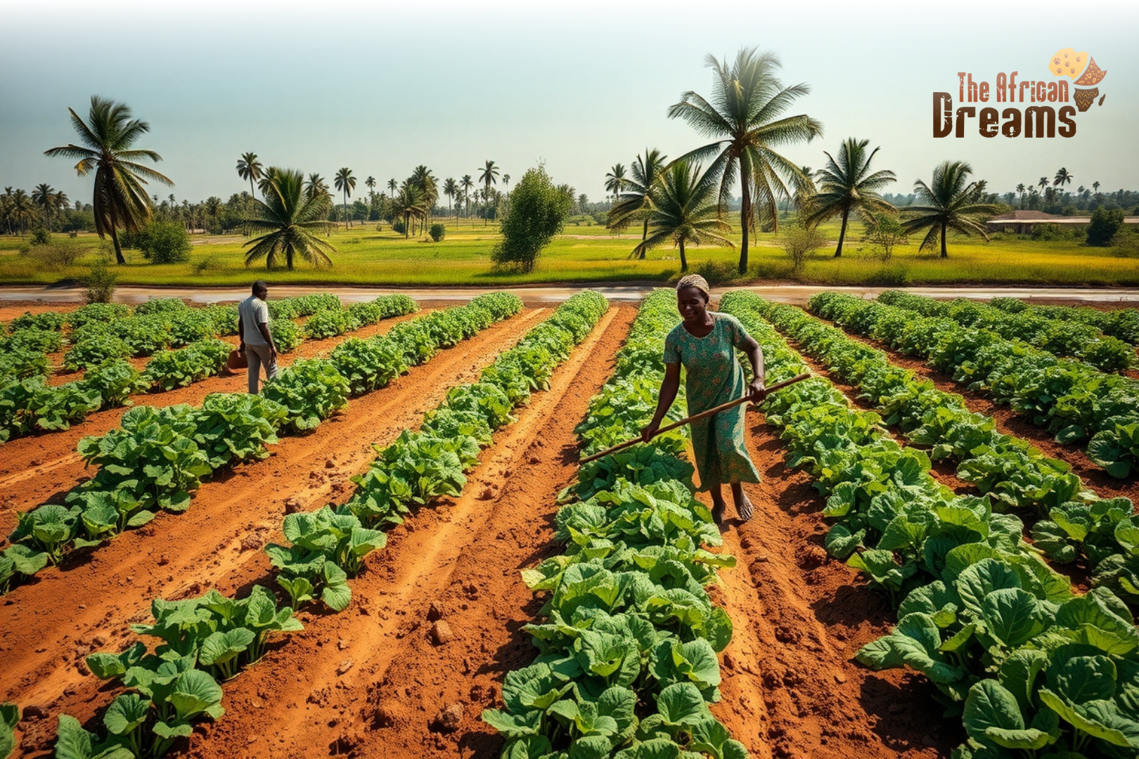 gambia-organic-farming-investment-opportunity Organic farming landscape in The Gambia showing fertile farmland, local farmers working sustainably, and lush crops supported by tropical climate and river irrigation.