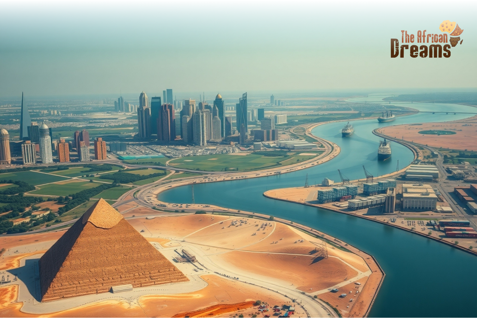 invest-in-egypt-economic-growth Egypt investment landscape showing pyramids, Nile River, modern skyline, Suez Canal, renewable energy projects, and industrial development.