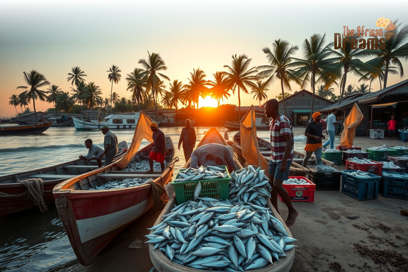 kenya-fishery-sector-opportunities-and-challenges A bustling fish landing site on Kenya’s coast with local fishers unloading fresh catch, highlighting the country’s growing fishery sector.
