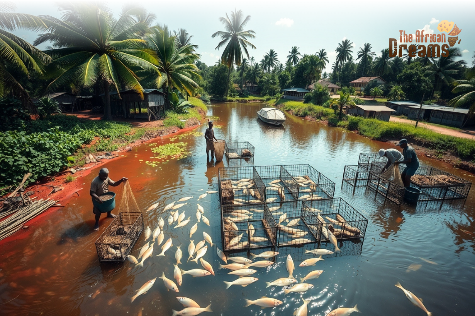 liberia-aquaculture-fish-farming-investment Liberian fish farmers harvesting tilapia and catfish from freshwater aquaculture ponds surrounded by tropical vegetation and rural communities.