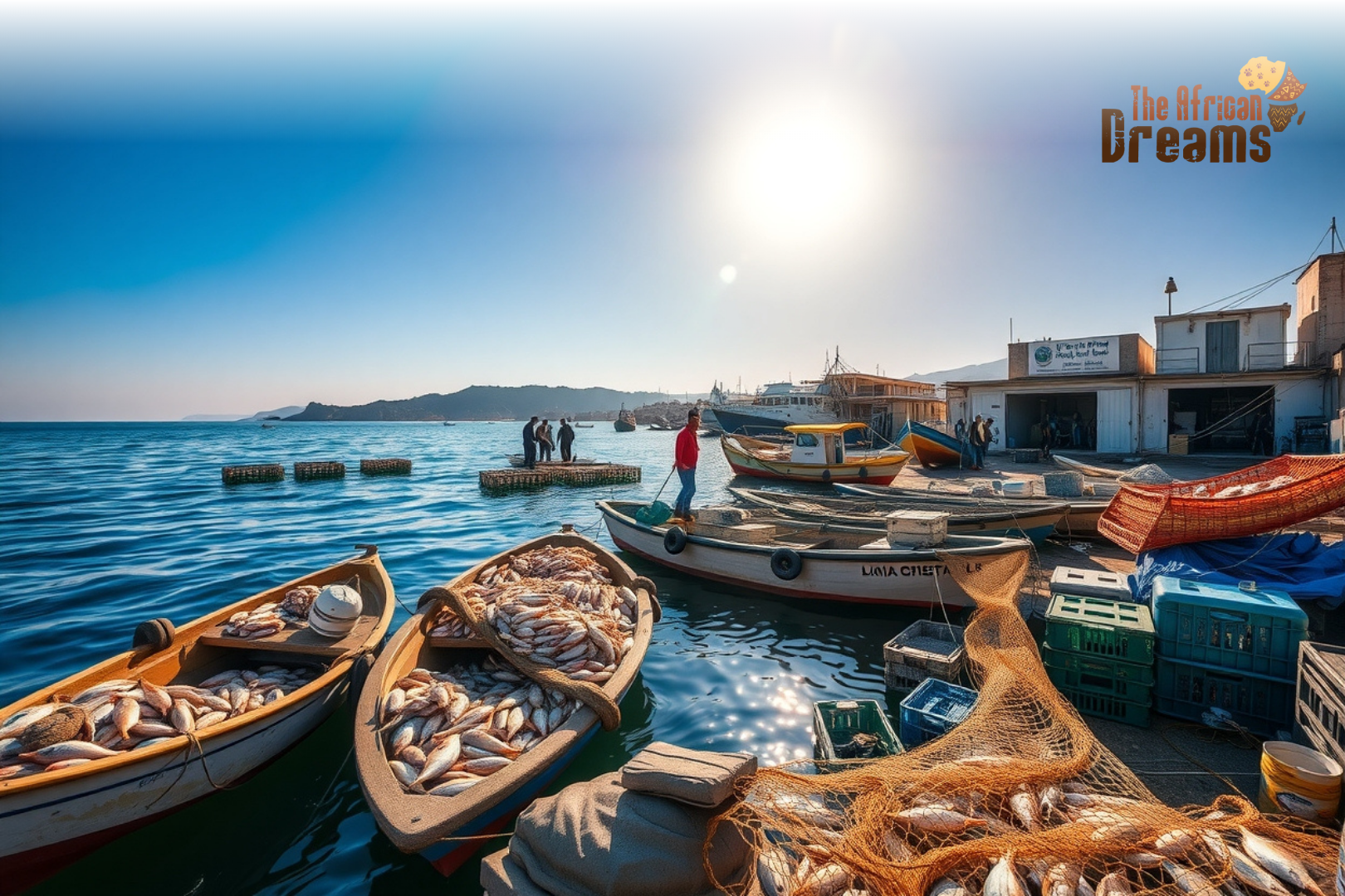 Libyan fishermen unloading fresh fish at a Mediterranean coastal harbor with aquaculture farms and seafood processing facilities in the background.