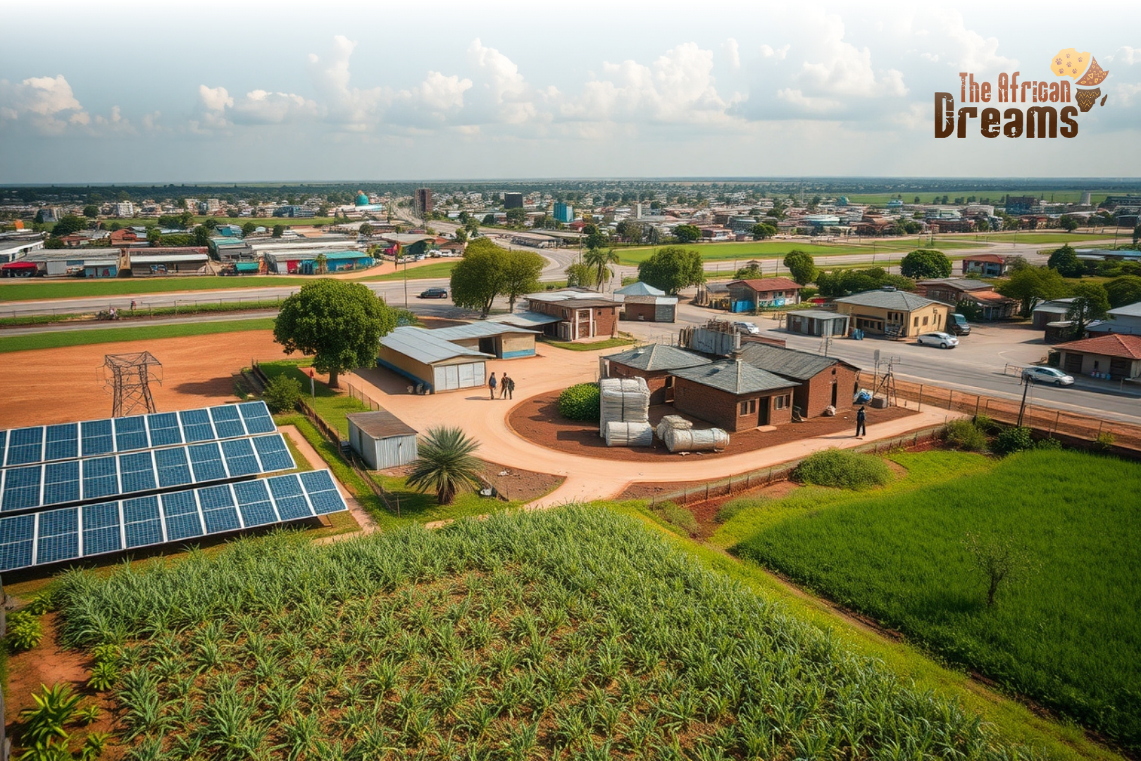 Realistic image of Malawi’s developing investment environment showing agriculture, renewable energy, and growing urban infrastructure.
