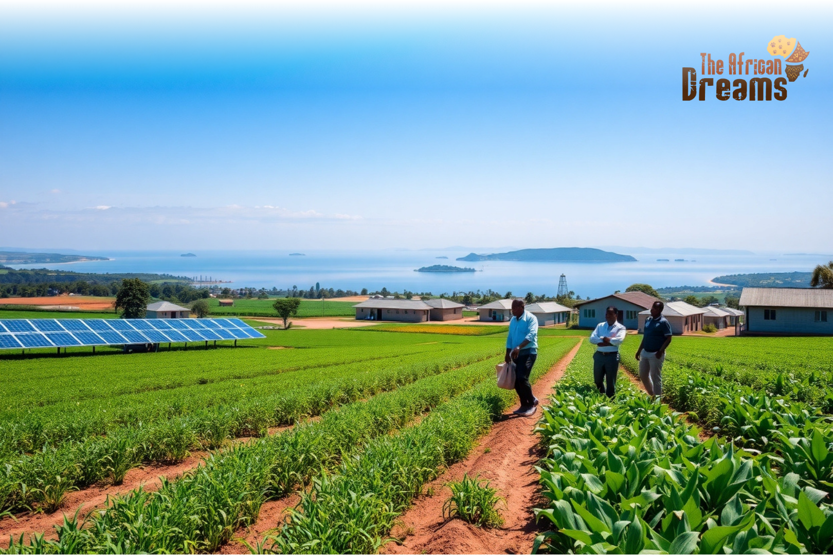 A realistic image showing agricultural farms, renewable energy, and industrial development in Malawi supported by investment and trade initiatives.