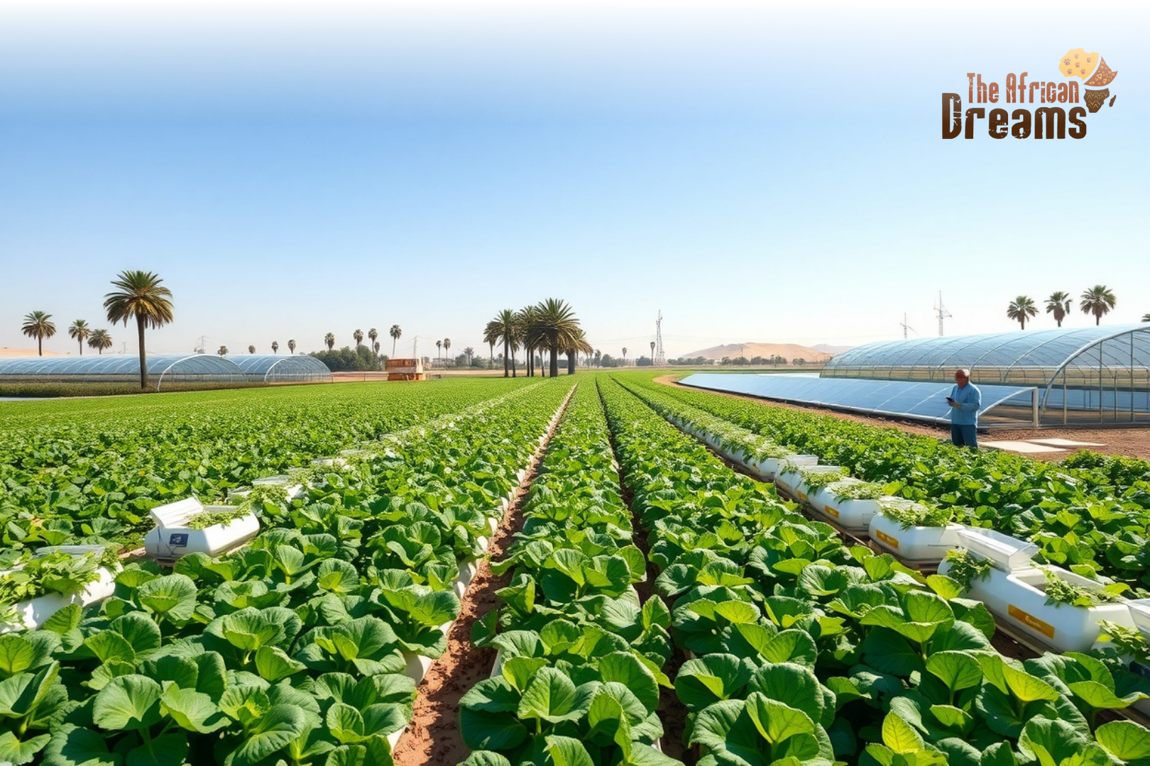 top-agriculture-startups-egypt-digital-farming Modern digital farming in Egypt with hydroponic systems, greenhouses, and farmers using technology for sustainable agriculture.