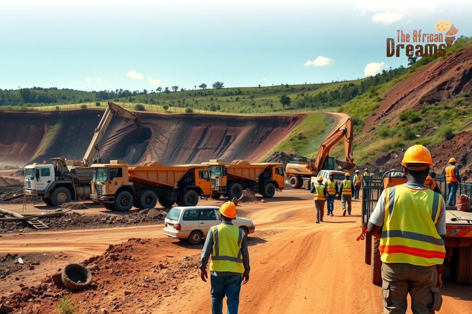 Active mining site in Uganda with workers and heavy machinery operating in a rural landscape, showing foreign investment and growth in the mining sector.