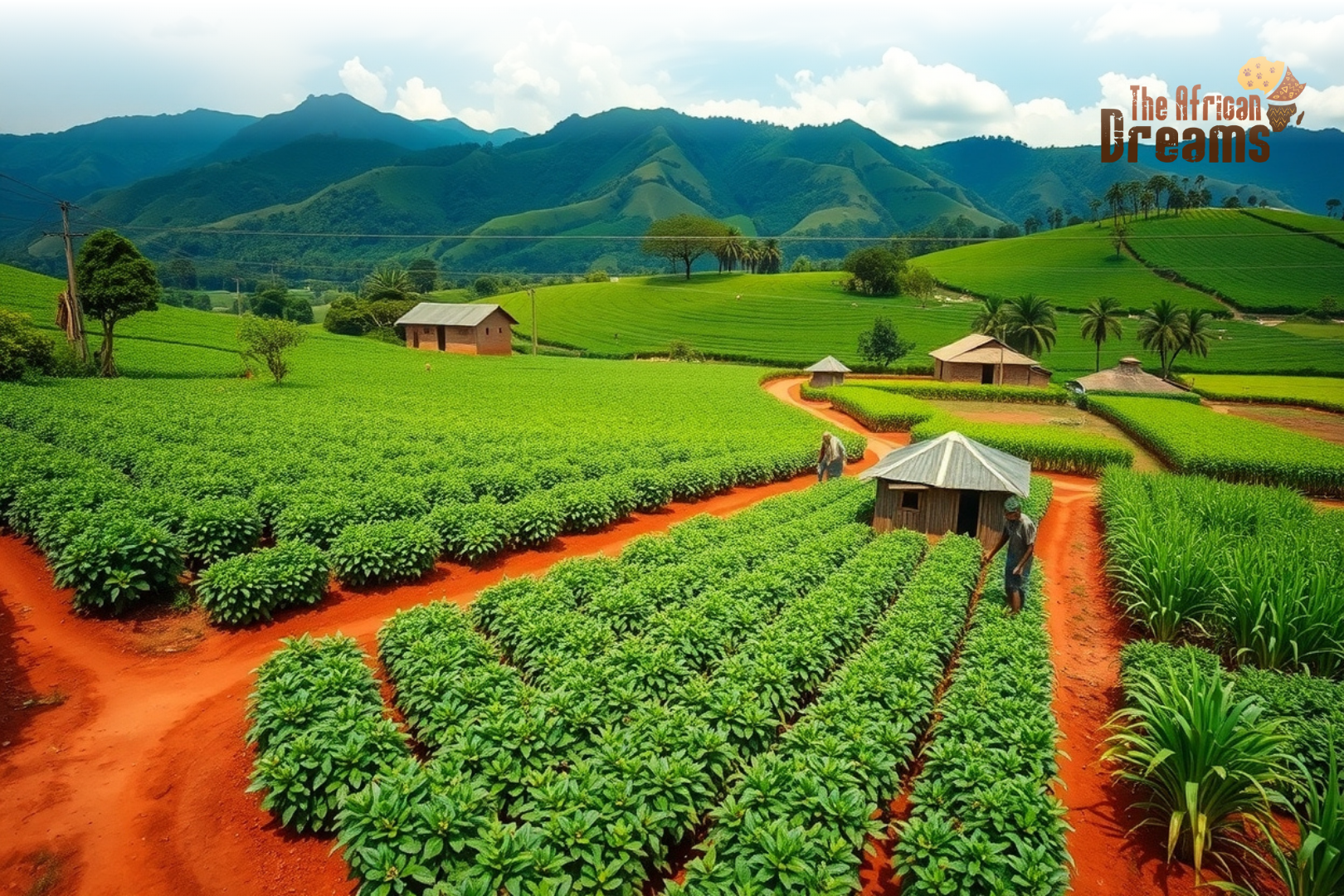 Ugandan farmers working in coffee, tea, and sugarcane fields across fertile rural farmland.