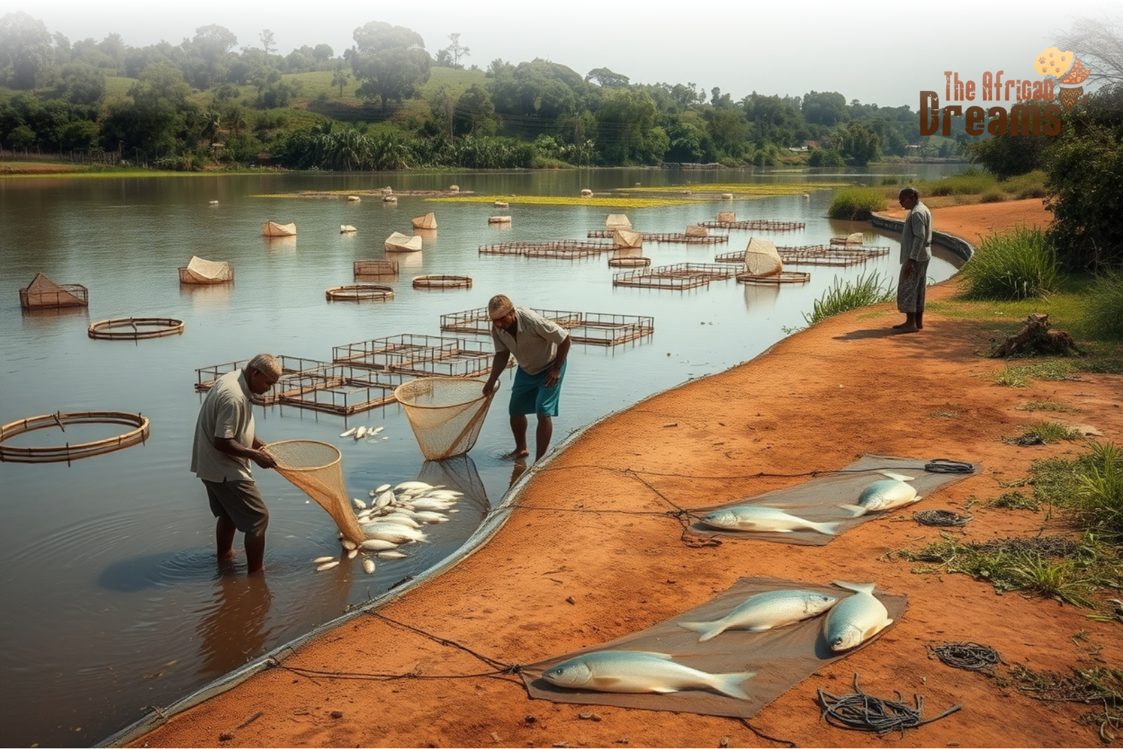 Fish farmers harvesting tilapia from a freshwater dam in Zimbabwe, showcasing sustainable aquaculture and community-based fisheries development.
