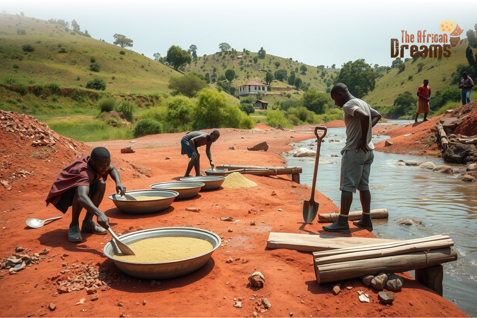 African Dreams Cover Image (75) Artisanal gold miners working in a rural area of Malawi using traditional tools near a river, showing small-scale gold mining activities and natural surroundings.