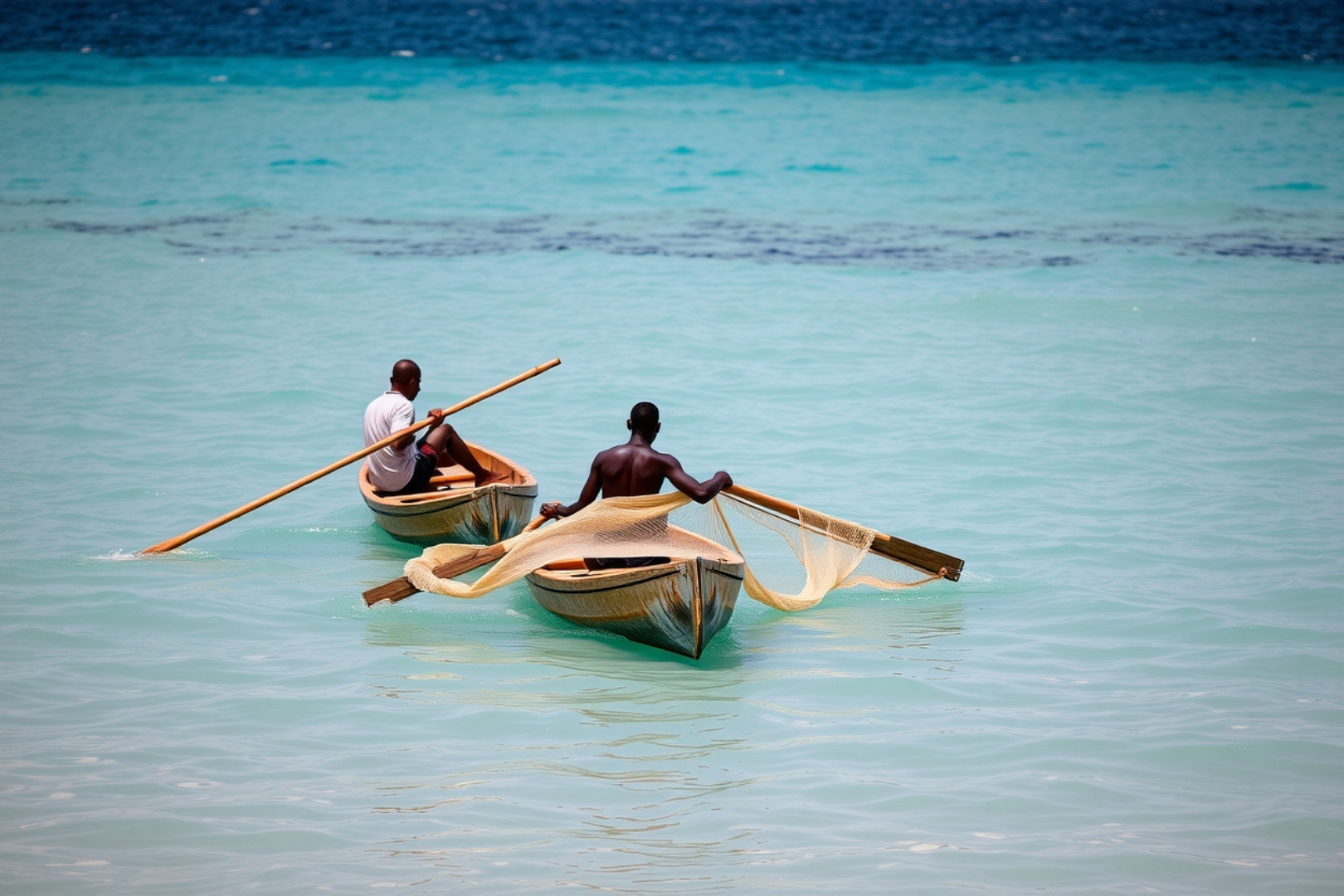 Fisherman in Comoros catching Tuna using traditional boats and tools