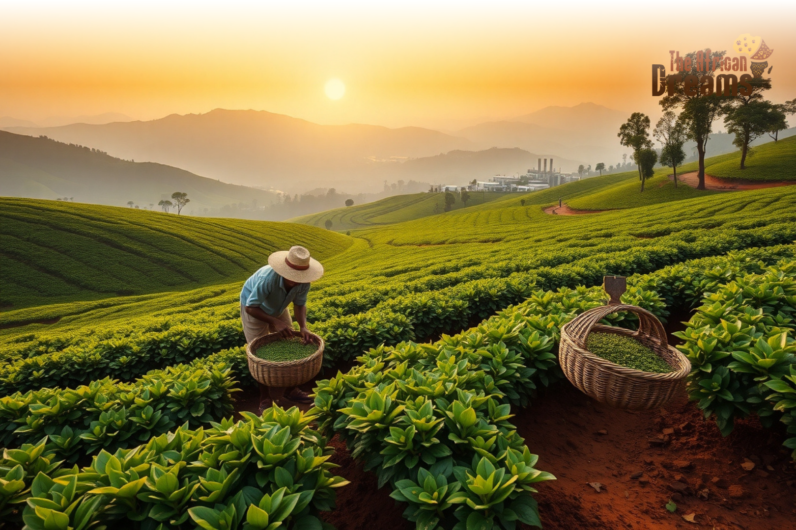 Kenya Green Gold Sunrise Over Tea Highlands A realistic sunrise view of tea farmers harvesting fresh leaves in Kenya’s highland plantation with a modern processing factory in the background.