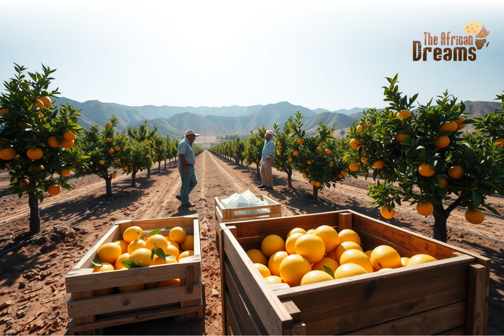 Citrus farm in northern Libya with orange and lemon trees under sunlight, drip irrigation system, and harvested fruits in crates.
