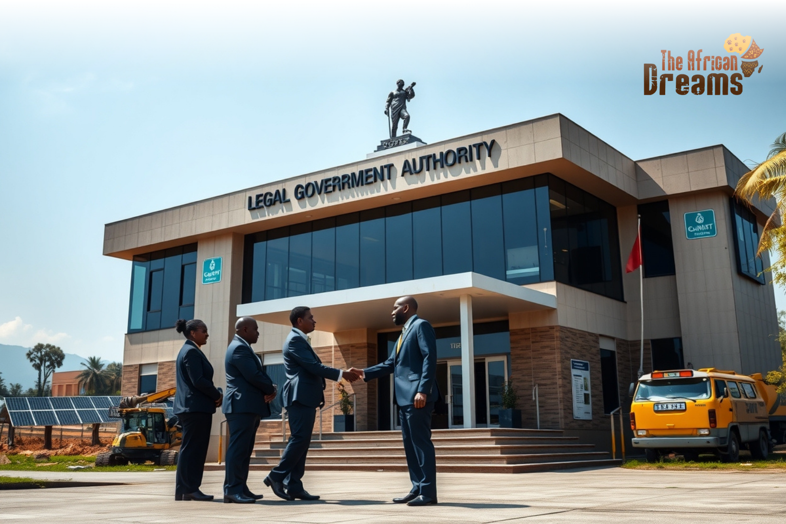 Malawi_Legal_Regime_Investment_Climate_2024 Business professionals shaking hands in front of a modern government building in Malawi with agriculture, mining, and energy infrastructure visible in the background, symbolizing investment and legal stability.