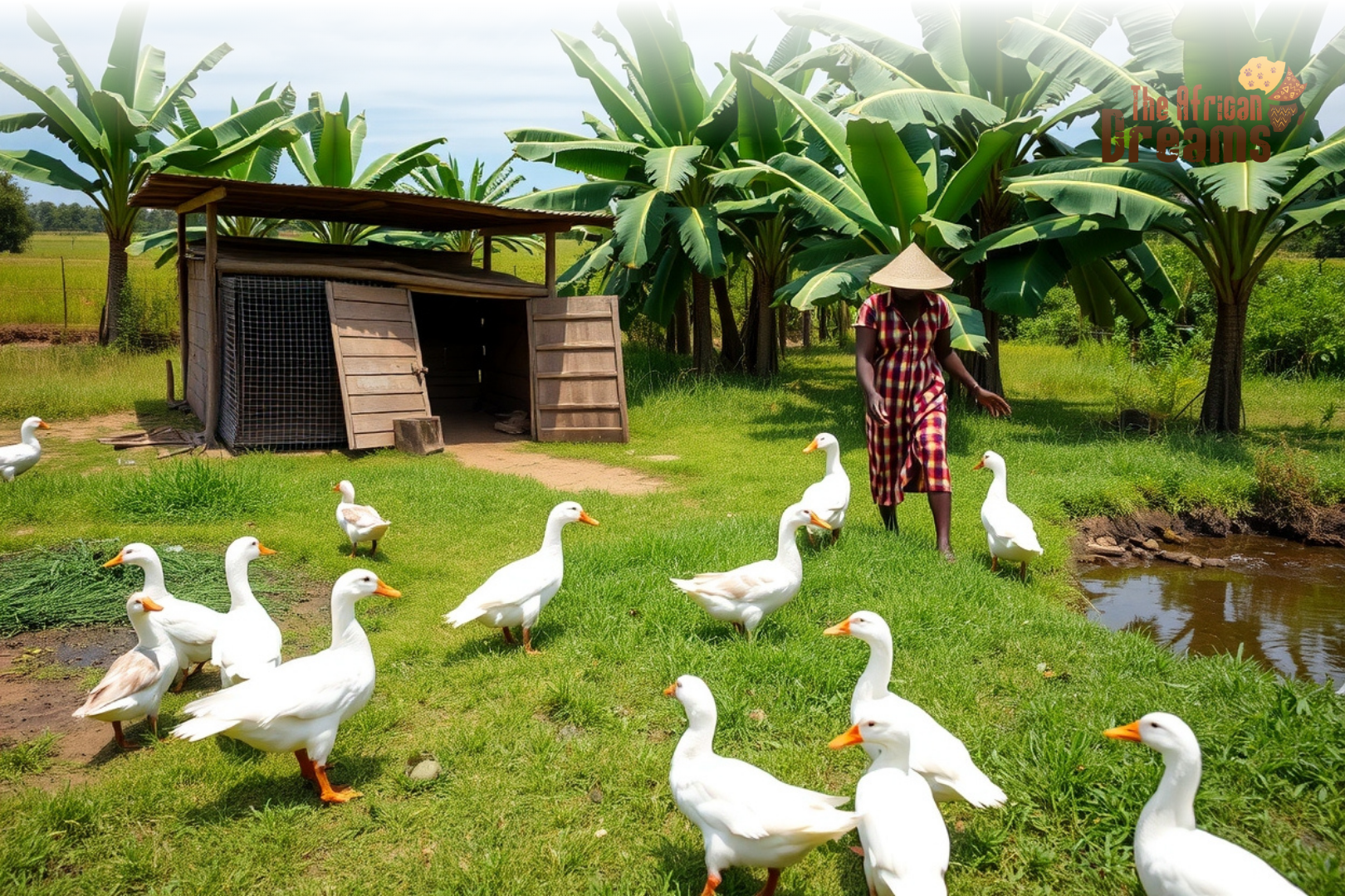 Uganda_FreeRange_Duck_Farm_Business Free-range duck farm in rural Uganda with wooden shelter, fish pond, and farmer managing ducks in a natural countryside setting.