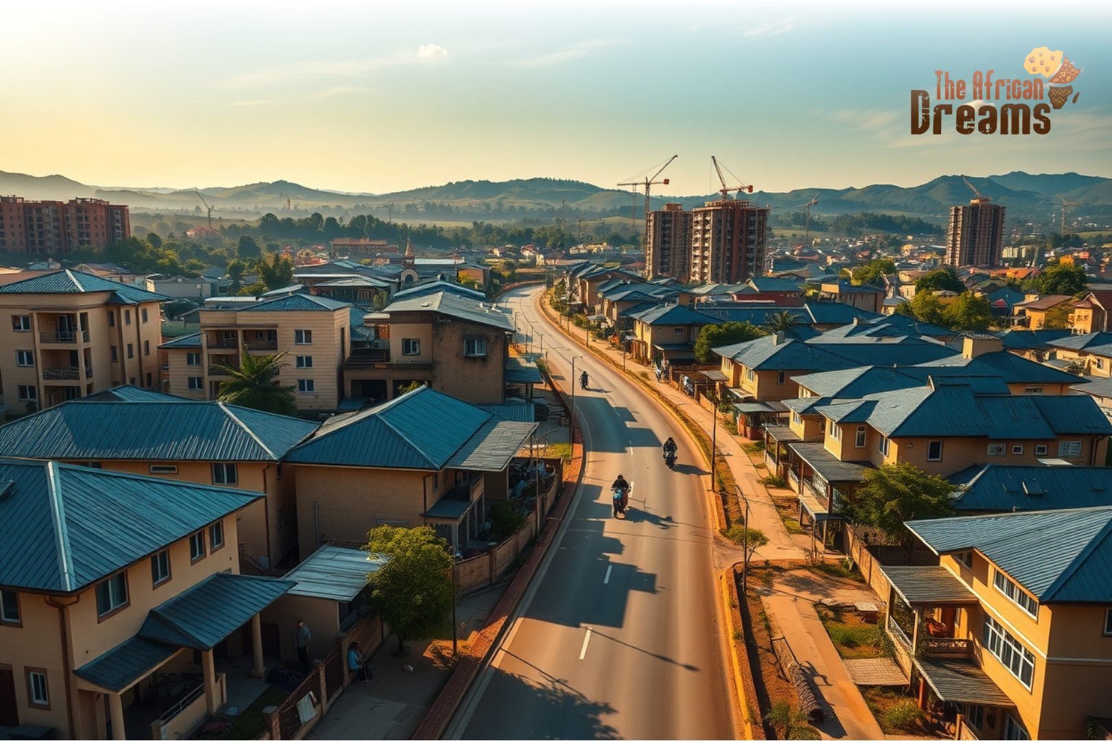 Uganda_Real_Estate_Growth_2030 A realistic aerial view of a developing urban neighborhood in Uganda showing modern homes, apartment buildings, paved roads, small businesses, and ongoing construction under warm natural sunlight.