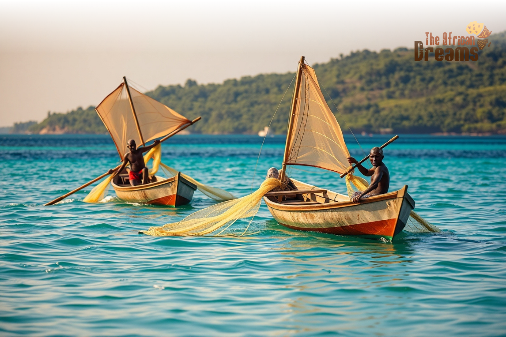 comoros-fisheries-aquaculture-investment-galawa Comorian fishermen using traditional galawa double outrigger canoes for fishing in the Indian Ocean near a tropical coastline.