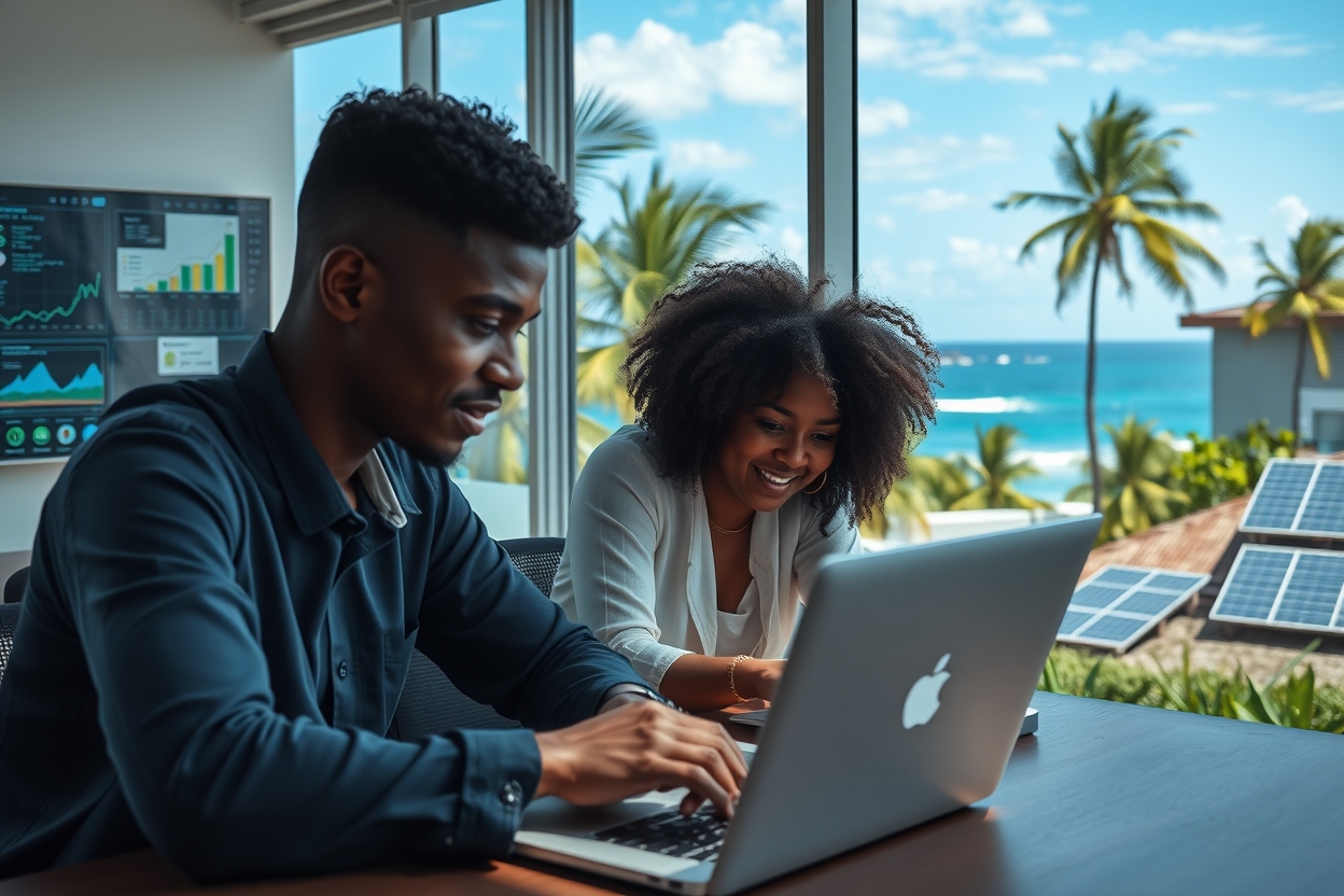 Young entrepreneurs working in a modern startup space in Comoros with island landscape and renewable energy elements in the background.